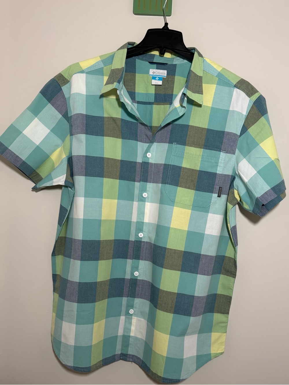 Columbia Plaid Short Sleeve Button-Up - Teal, Lime, White
